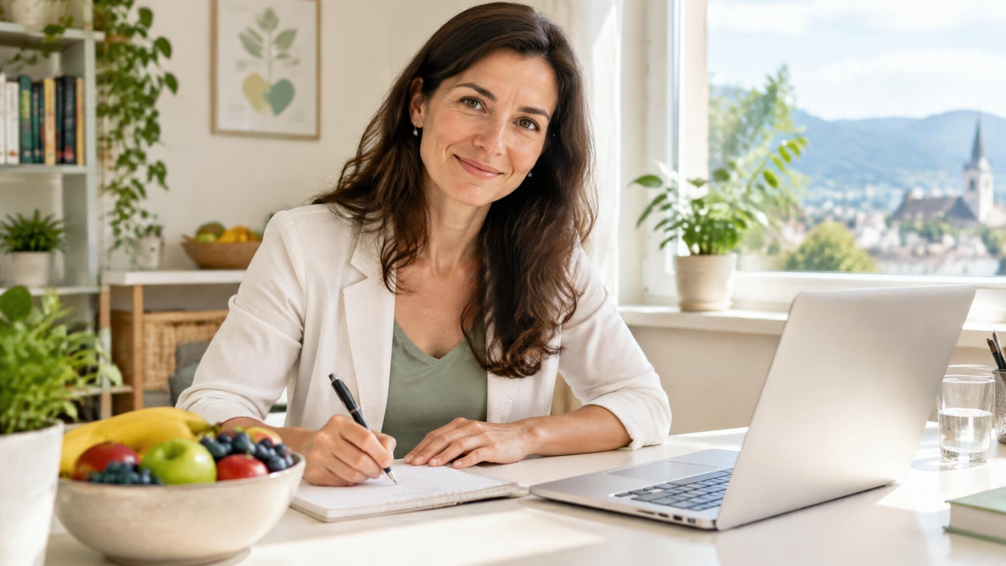 Nutritionist writing notes with a laptop and healthy food on the table