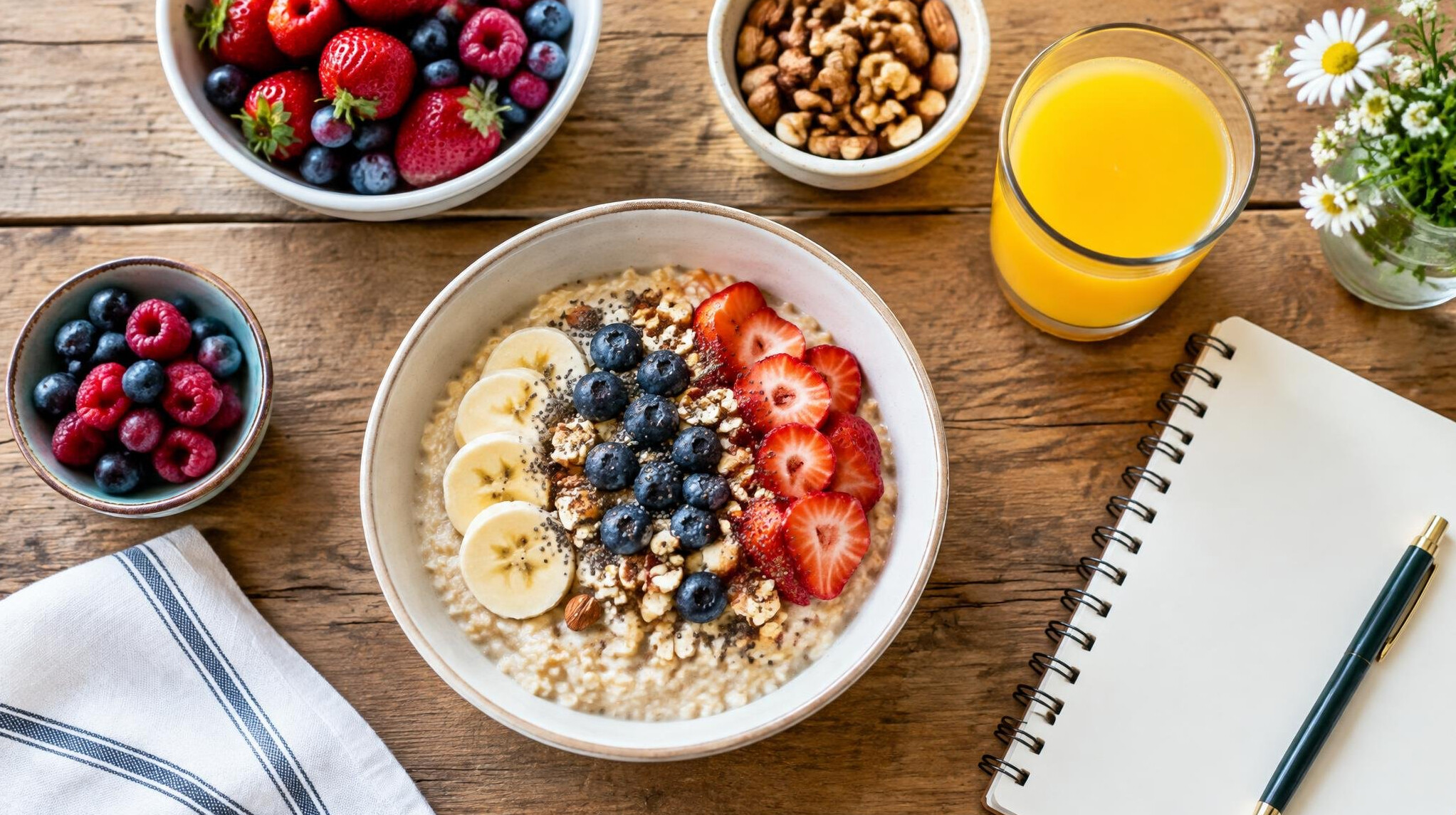 Overhead view of a healthy breakfast table with fresh ingredients
