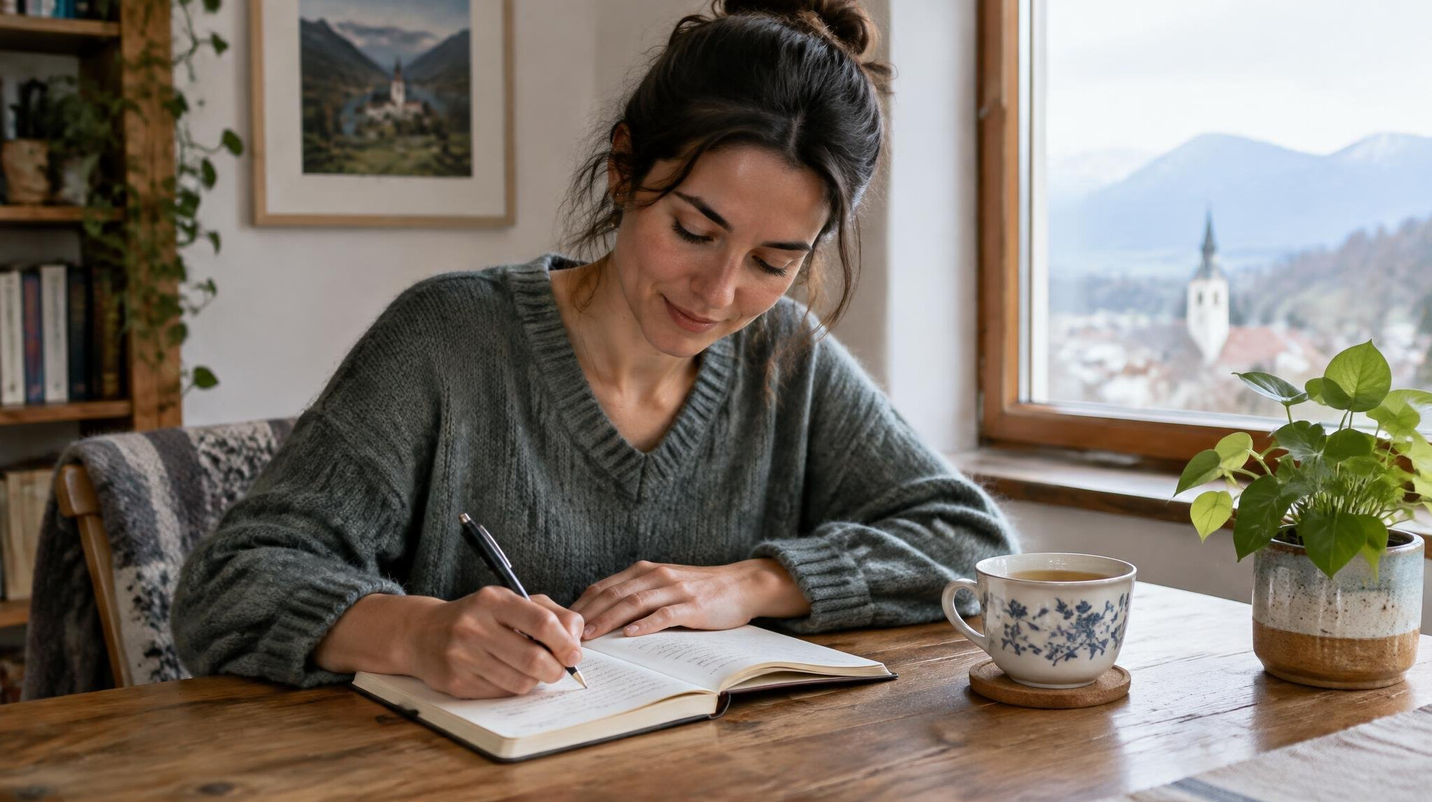 Woman journaling her wellness goals with tea and notebook