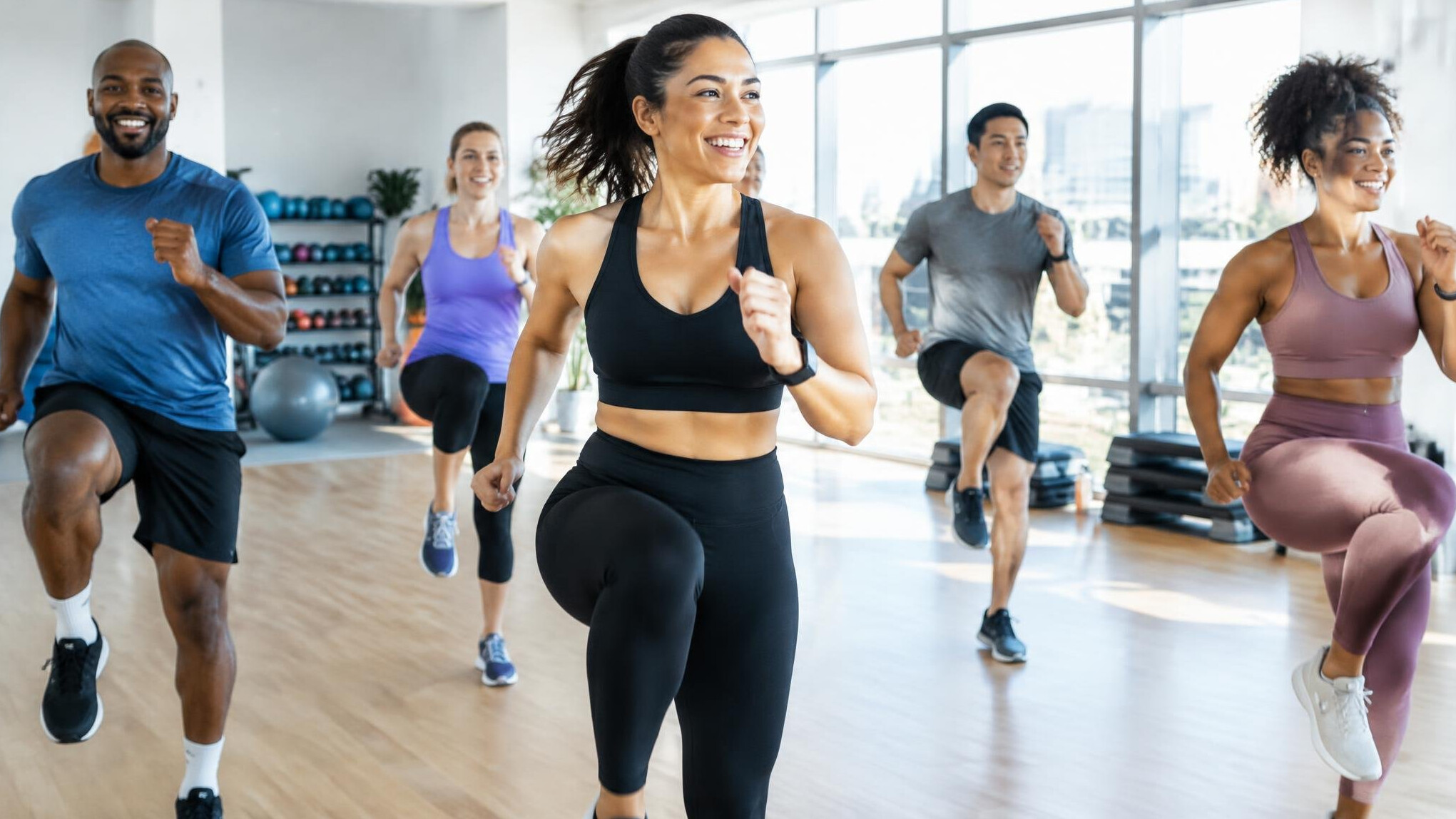 Group fitness class exercising together