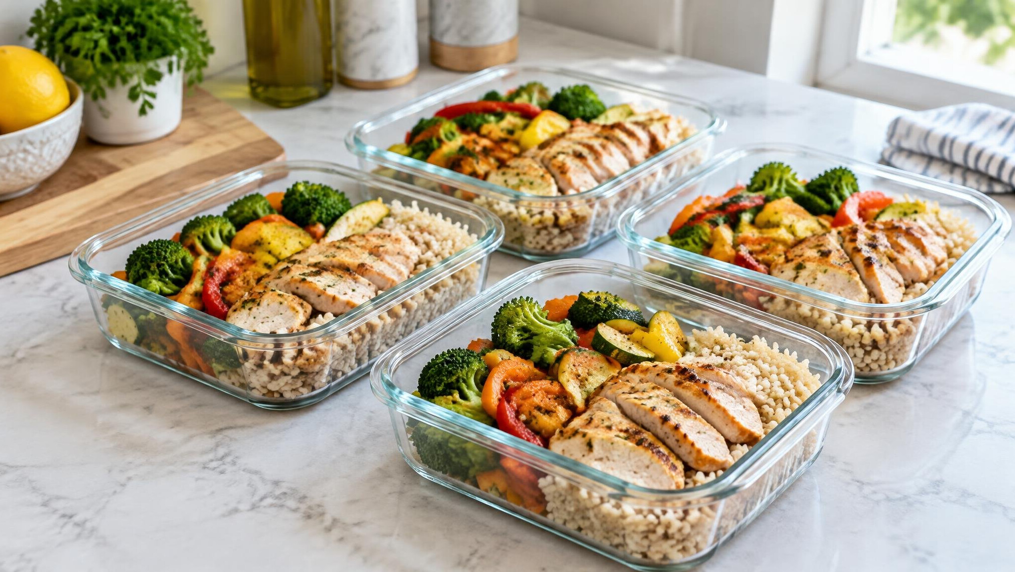 Fresh meal prep containers with balanced healthy food