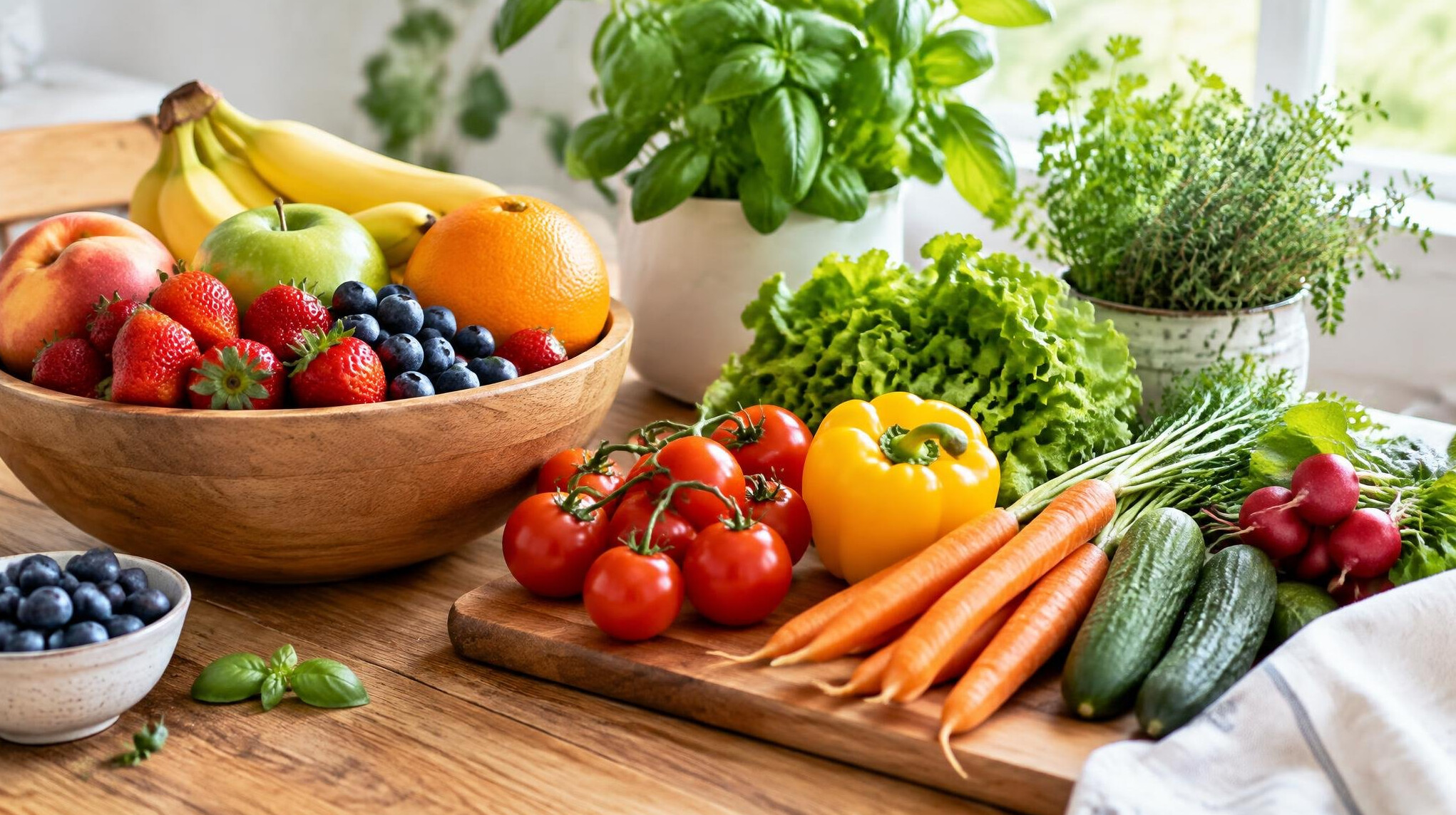 Fresh fruit and healthy ingredients arranged on a bright table