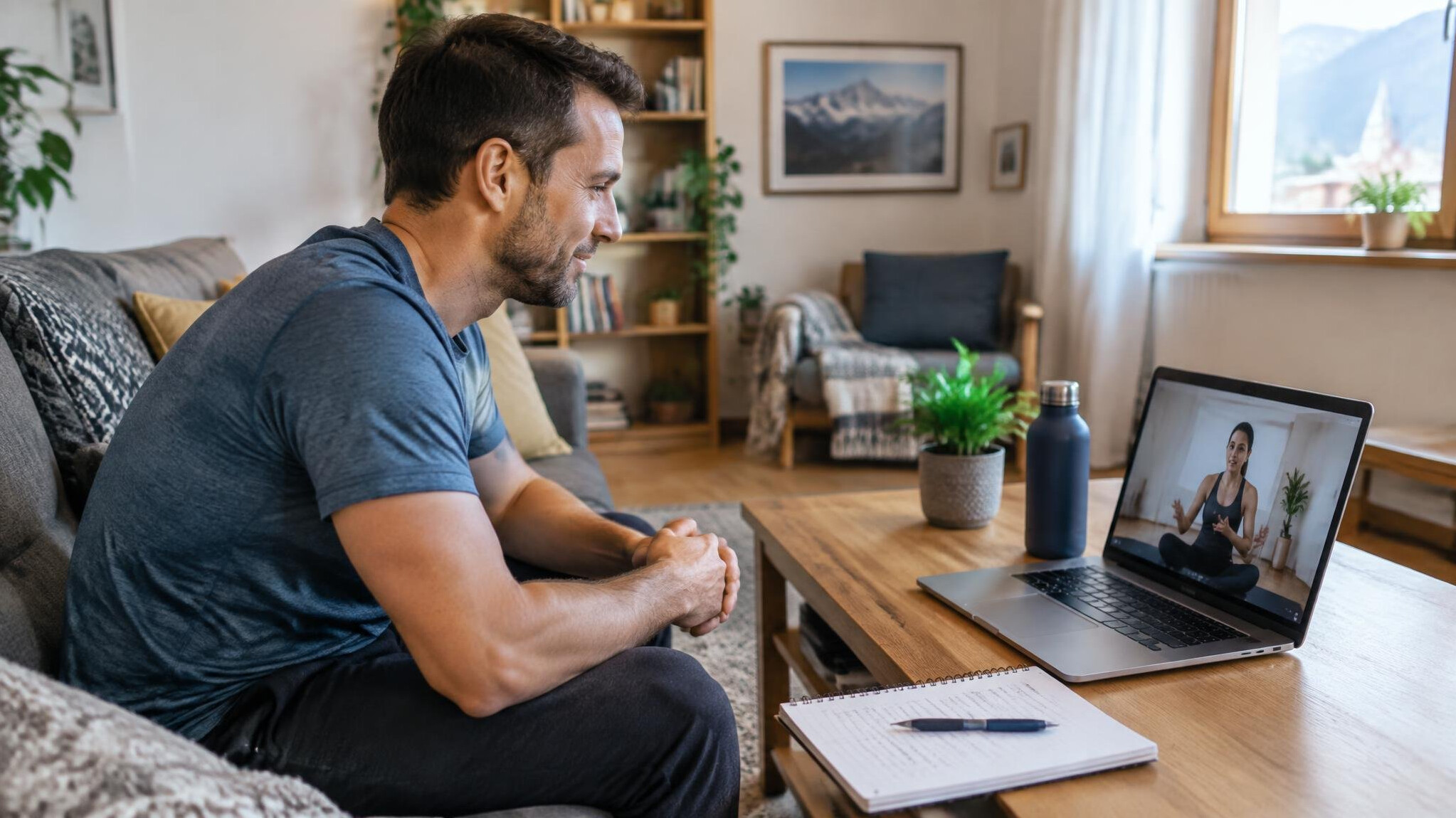 Person following an online health coaching session on a laptop