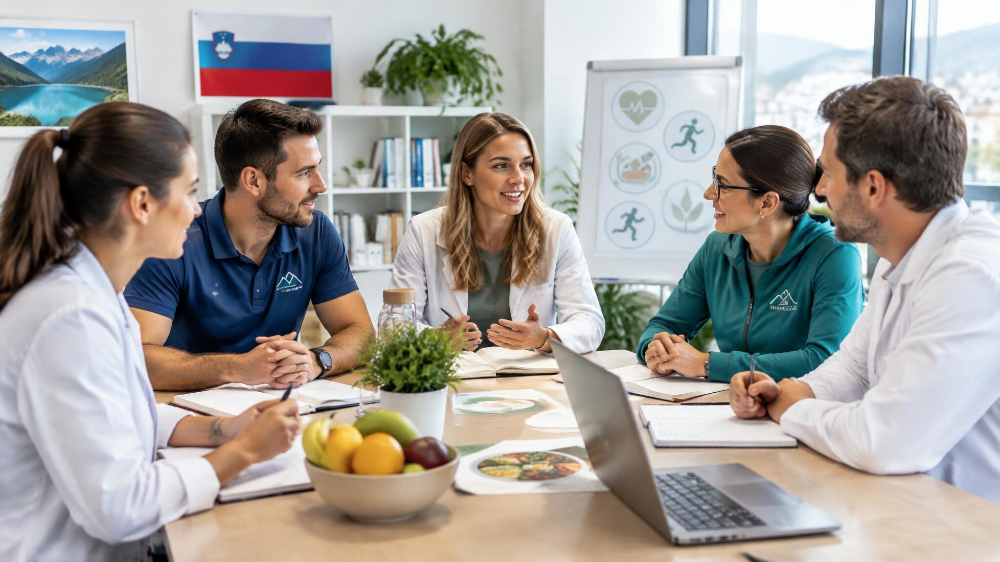 Team of health coaches meeting in a bright office