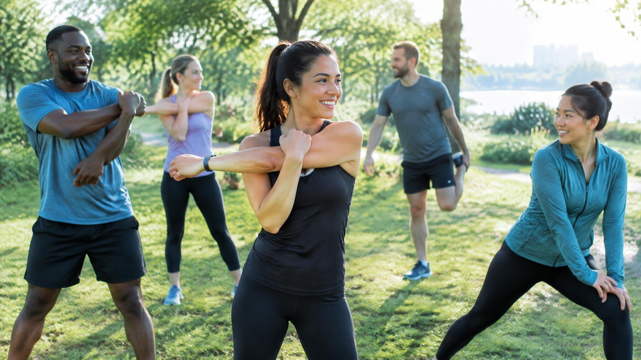 Group stretching outdoors in a park during sunrise